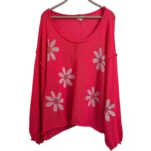 POL Pink Sweater with White Floral MEDIUM boxy balloon sleeve